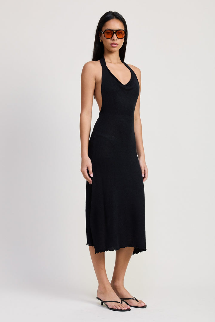 White Cown Neck Midi Open Back Dress