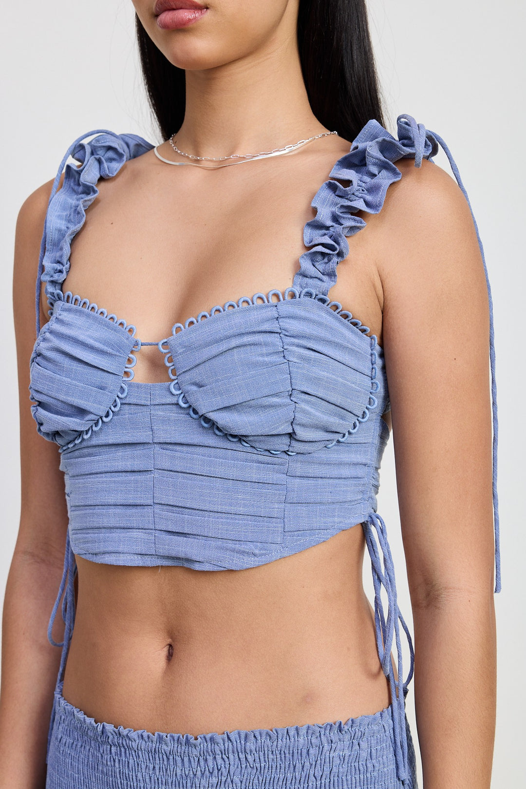 Chambray Ruffled Tie Back Top With Open Back