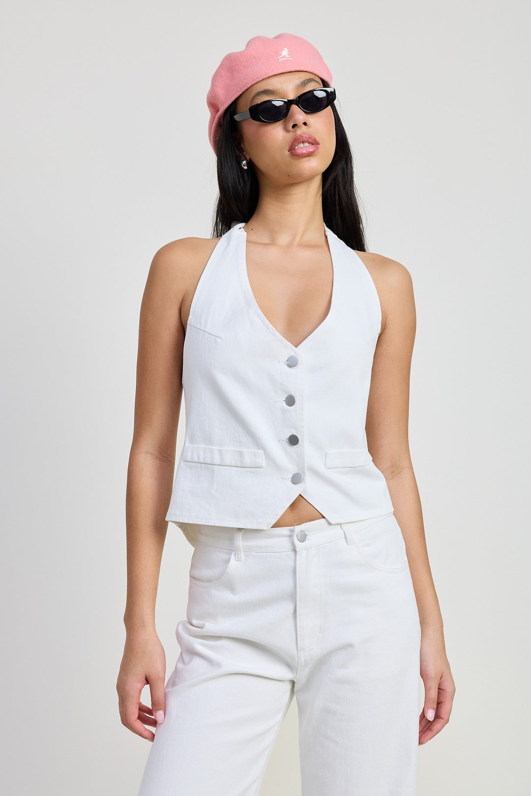 Vintage Blue Button Up Halter Neck Top