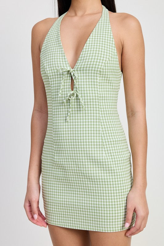 Mocha Gingham Halter Mini Dress