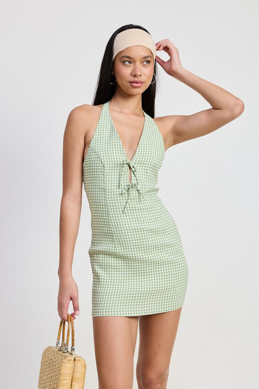 Sage Gingham Halter Mini Dress