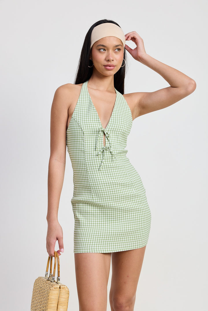 Sage Gingham Halter Mini Dress