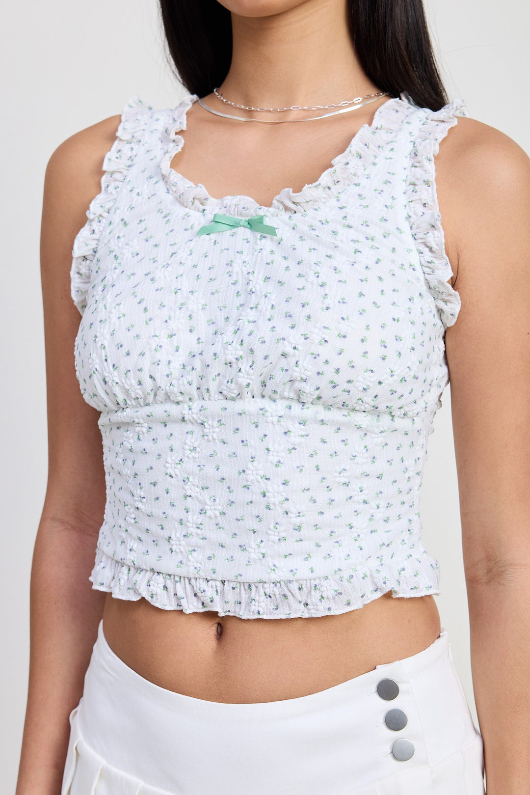 White Floral Lace Ruffle Edge Top