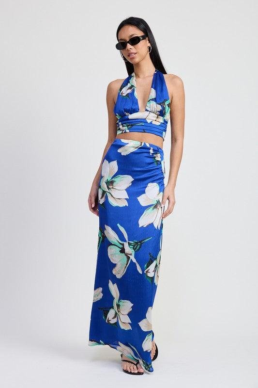 Blue Floral Maxi Bias Skirt