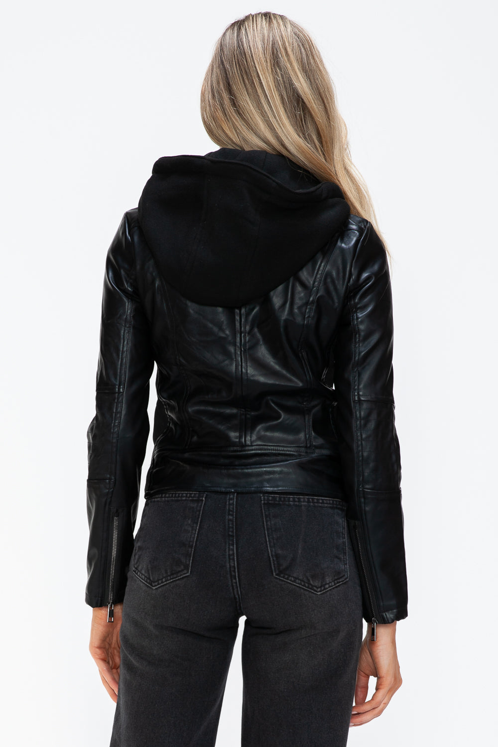 Black Snobbish Faux Leather Zip Up Drawstring Hooded Jacket 1