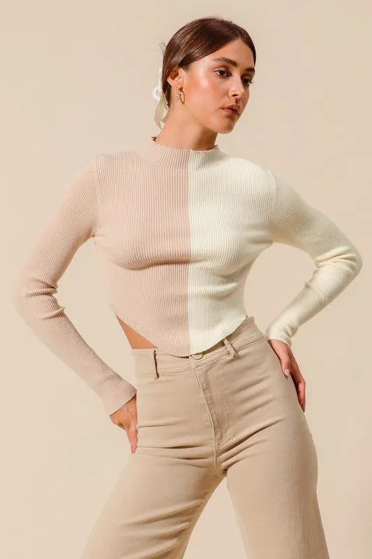 Taupe/Ivory So Me Color Block Fitted Crop Sweater Top