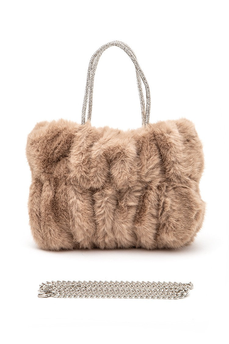 Black Rhinestone Top Handle Faux Fur Winter Tote Bag
