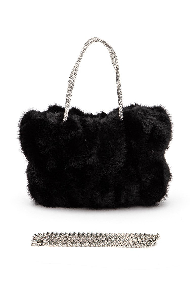 Brown Rhinestone Top Handle Faux Fur Winter Tote Bag