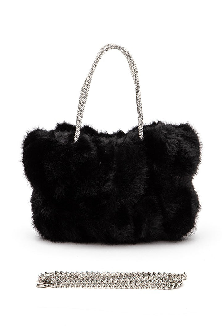 Brown Rhinestone Top Handle Faux Fur Winter Tote Bag