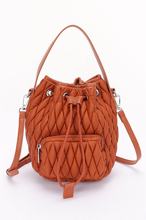 Camel Nylon Quilted Puffer Convertible Bucket Bag