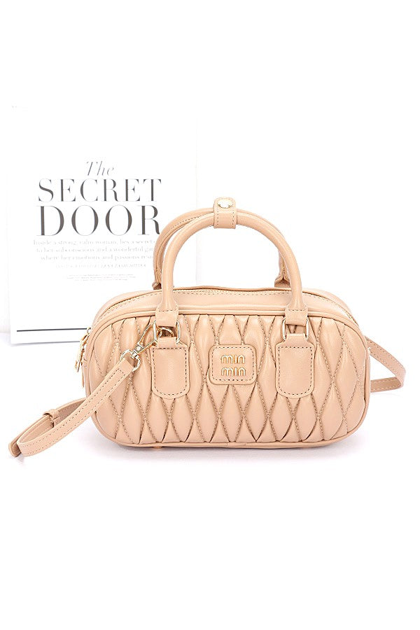 Khaki Faux Leather Quilted Top Handle Swing Bag