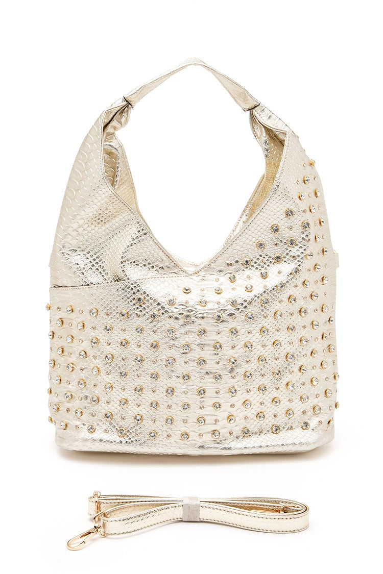 Gold Crystal Studs Embellished Top Handle Shoulder Bag
