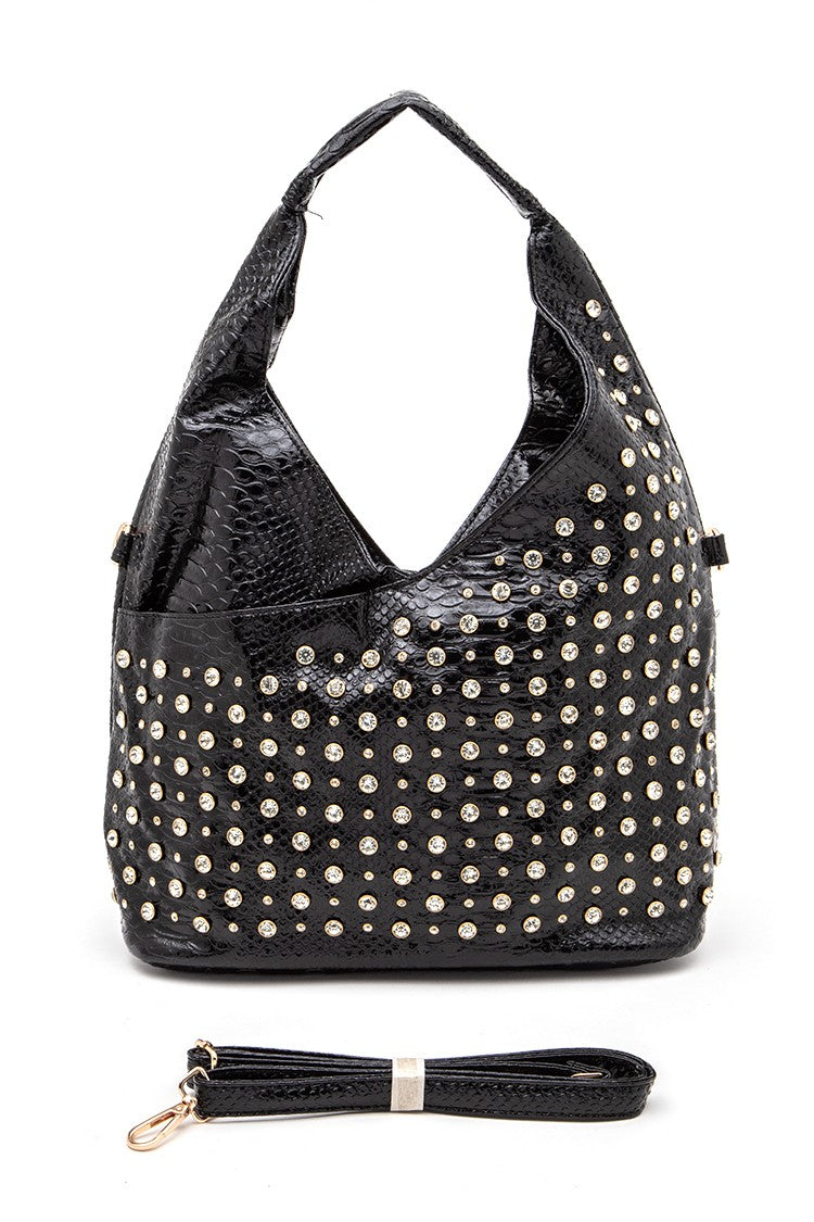 Black Crystal Studs Embellished Top Handle Shoulder Bag