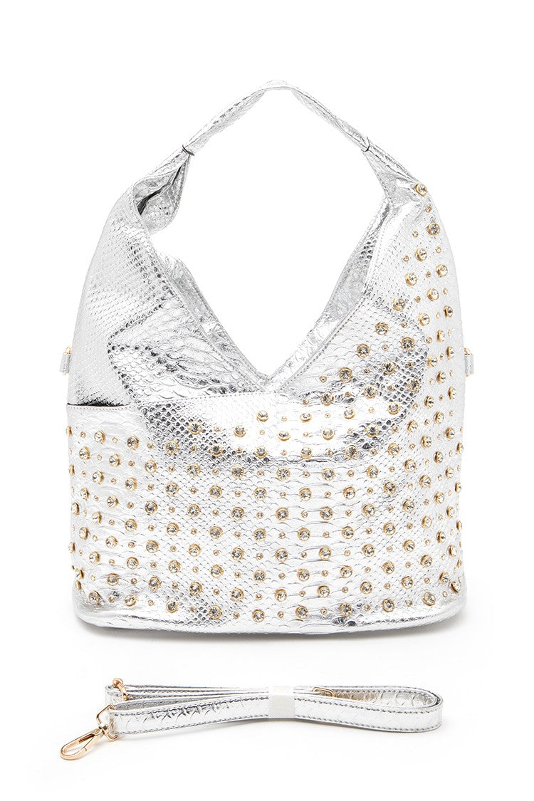 Silver Crystal Studs Embellished Top Handle Shoulder Bag
