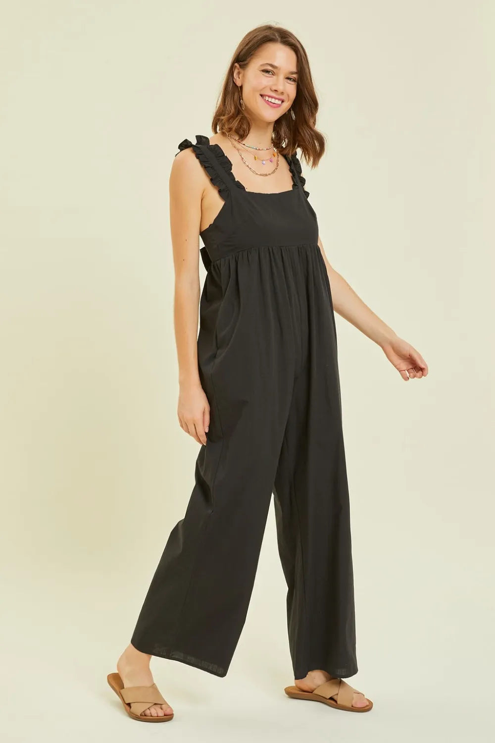 Black Heyson Full Size Ruffled Strap Back Tie Wide Leg Jumpsuit