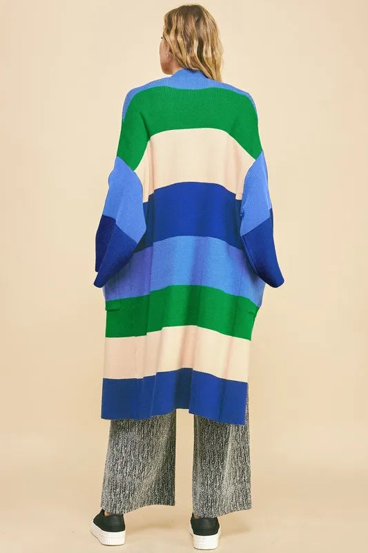 Blue Stripe Davi Dani Color Block Kimono Sleeve Open Front Cardigan