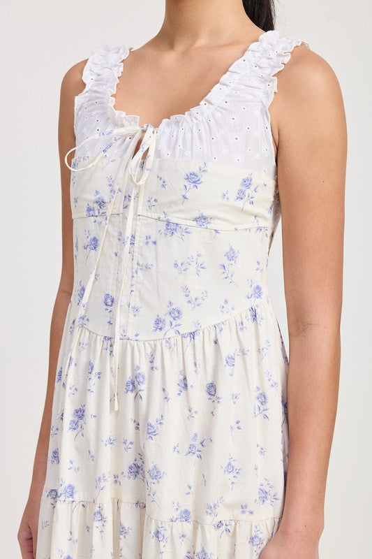 Ivory Blue Floral Mixed Media Eyelet Peekaboo Midi Dress