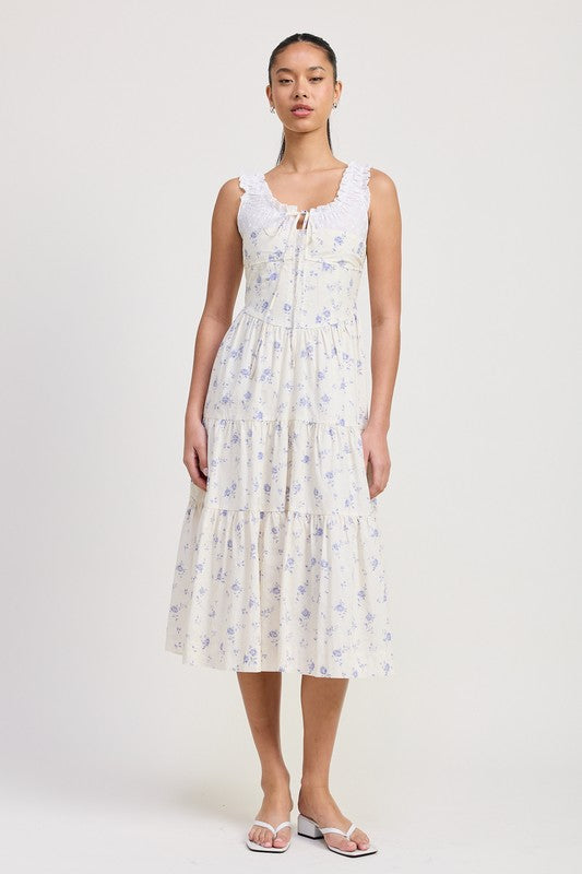 Ivory Blue Floral Mixed Media Eyelet Peekaboo Midi Dress
