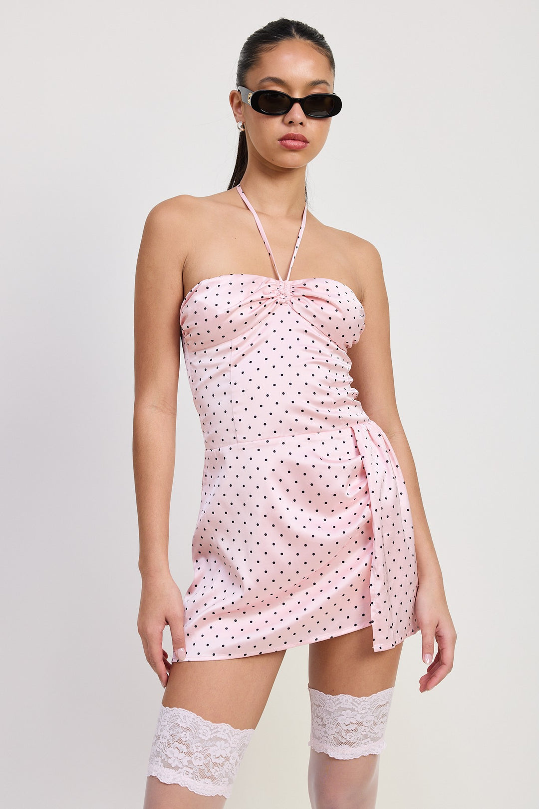 Pink Black Polka Mini Halter Polka Dot Dress
