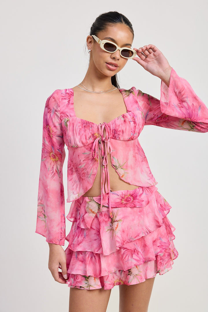 Pink Floral Long Sleeve Flared Top