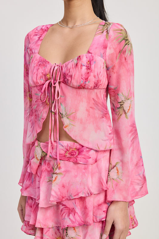 Pink Floral Long Sleeve Flared Top