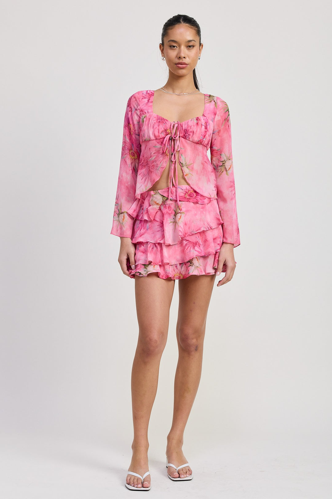 Pink Floral Long Sleeve Flared Top