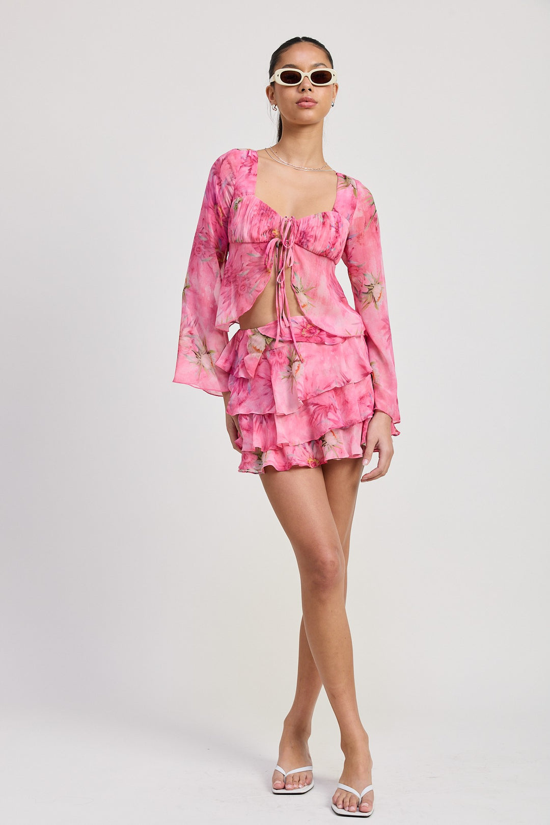 Pink Floral Ruffle Mini Skirt