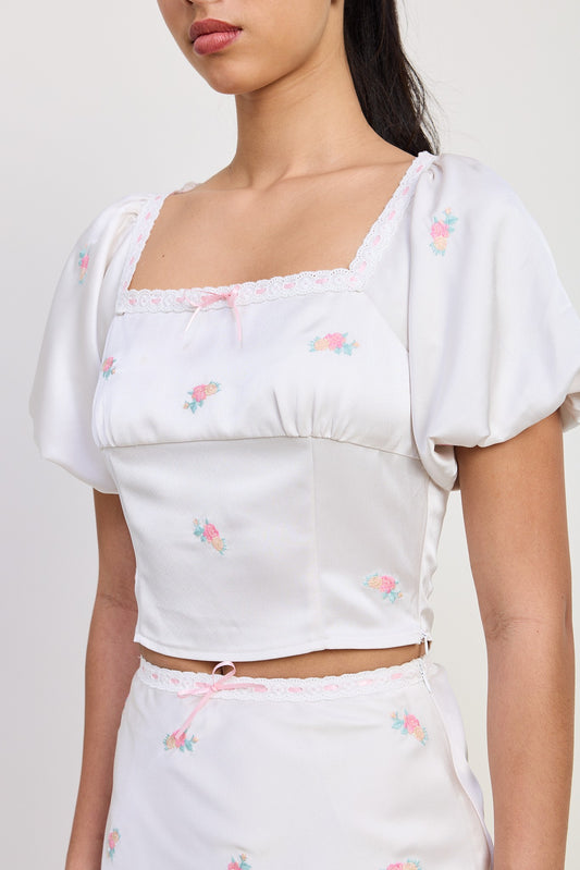 Ivory Sqaure Neck Bubble Cap Sleeve Top