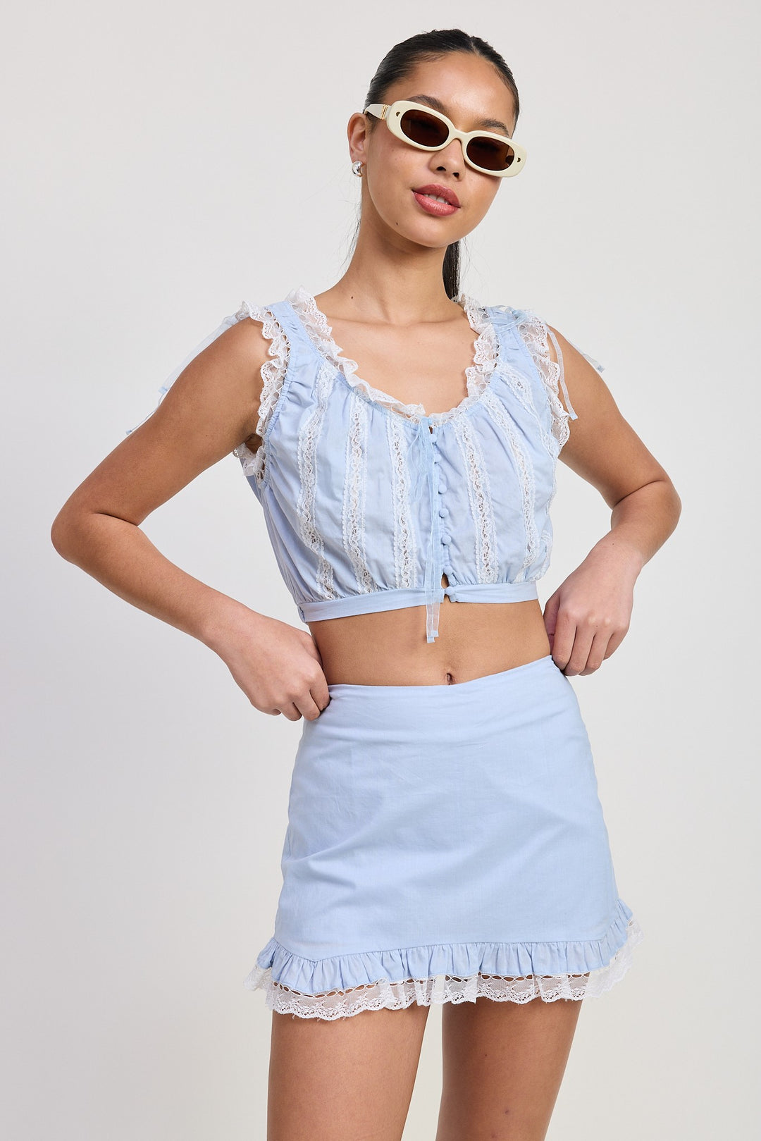Baby Blue Sleeveless Lace Ruffled Top