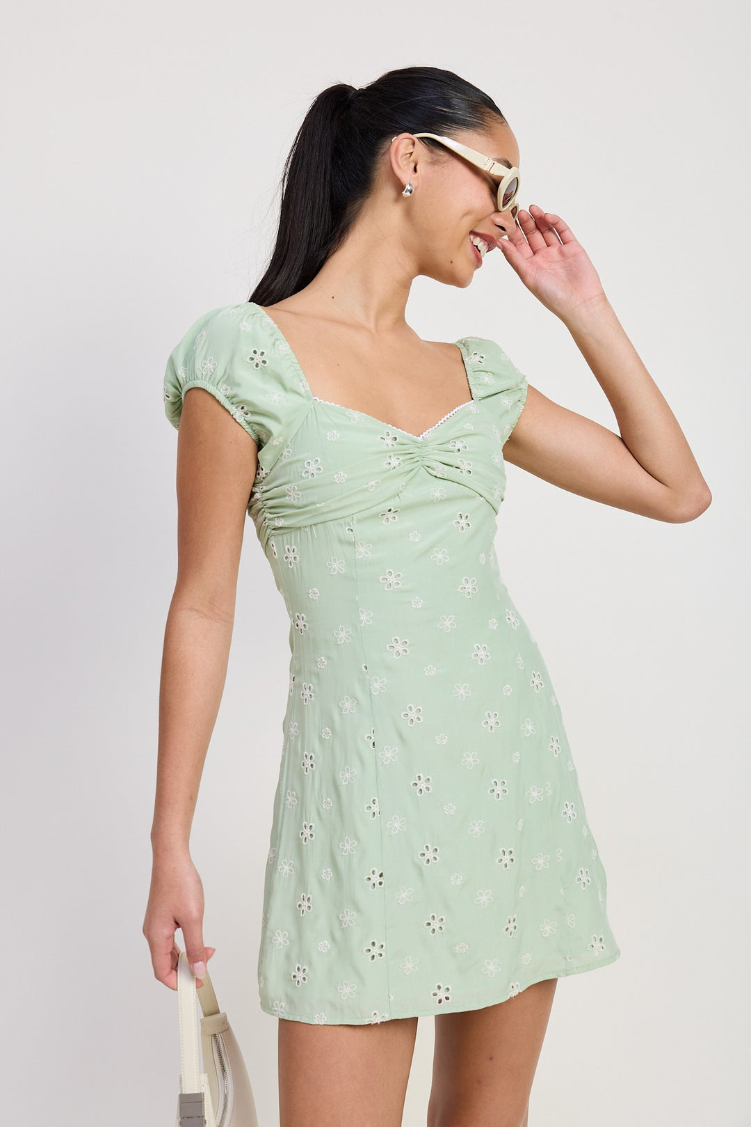 Mint Mix Media Mini Ruched Dress