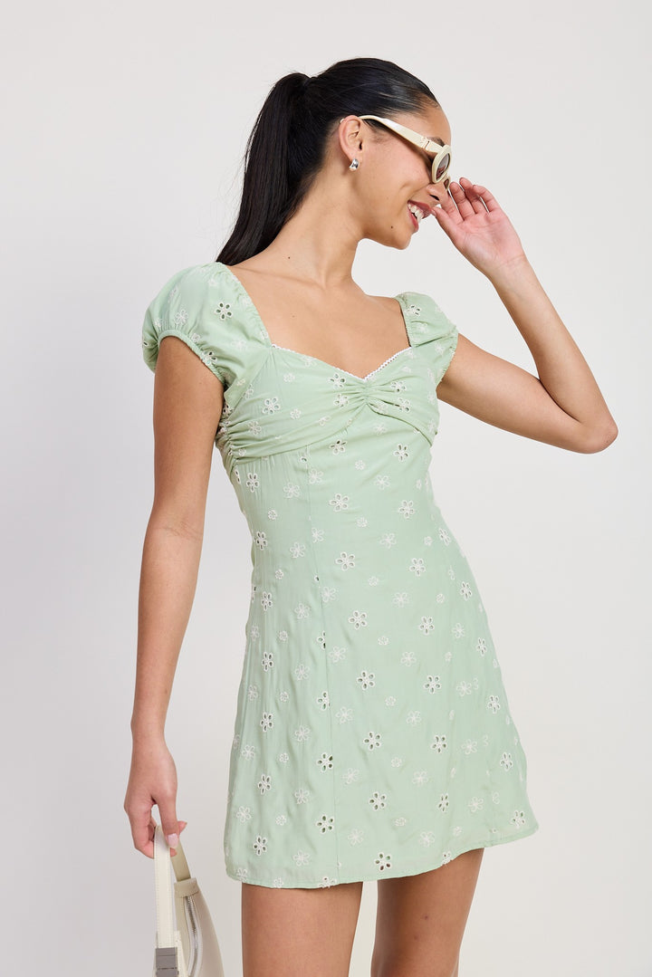 Mint Mix Media Mini Ruched Dress