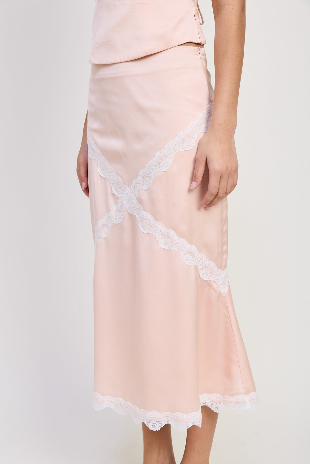 Blush Mid Satin Skirt With Lace Detail