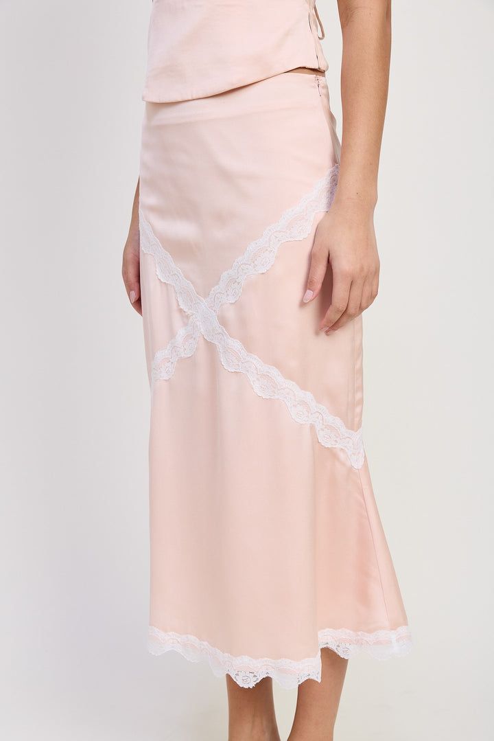 Blush Mid Satin Skirt With Lace Detail