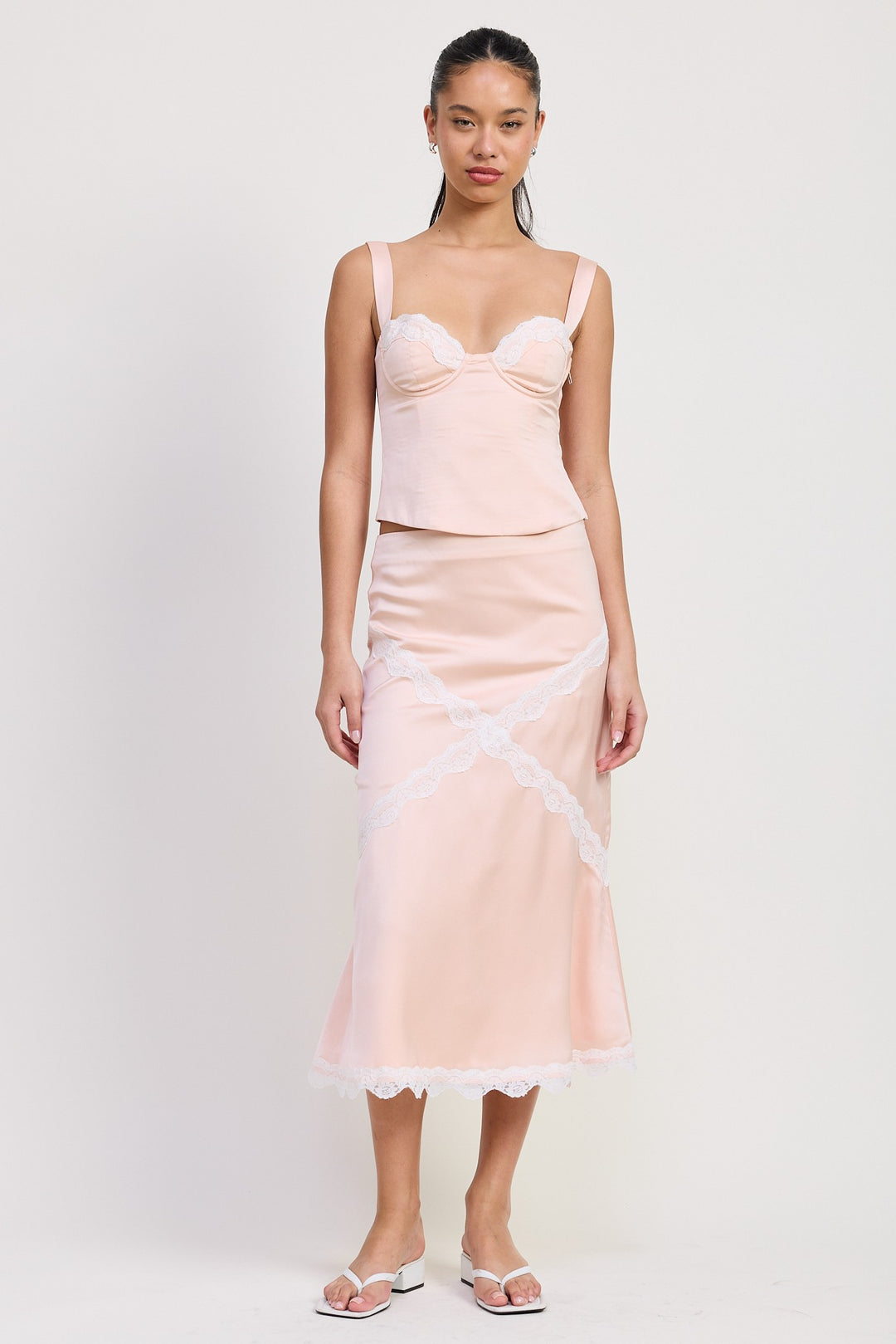 Blush Mid Satin Skirt With Lace Detail
