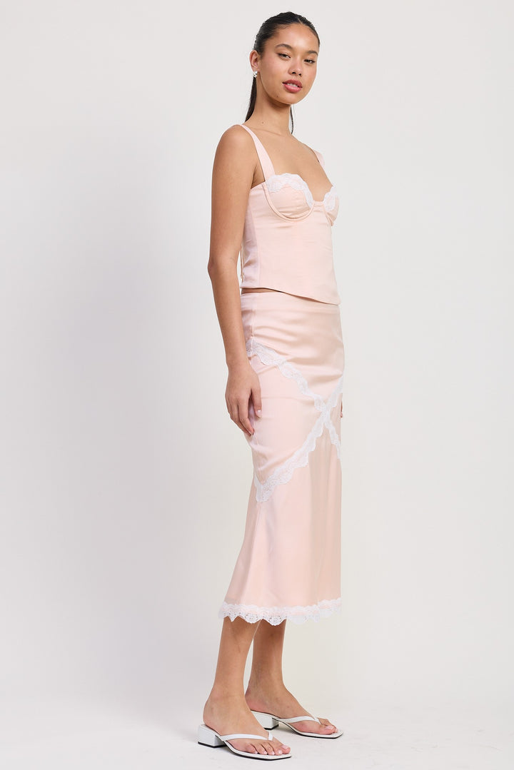 Mid Satin Skirt With Lace Detail
