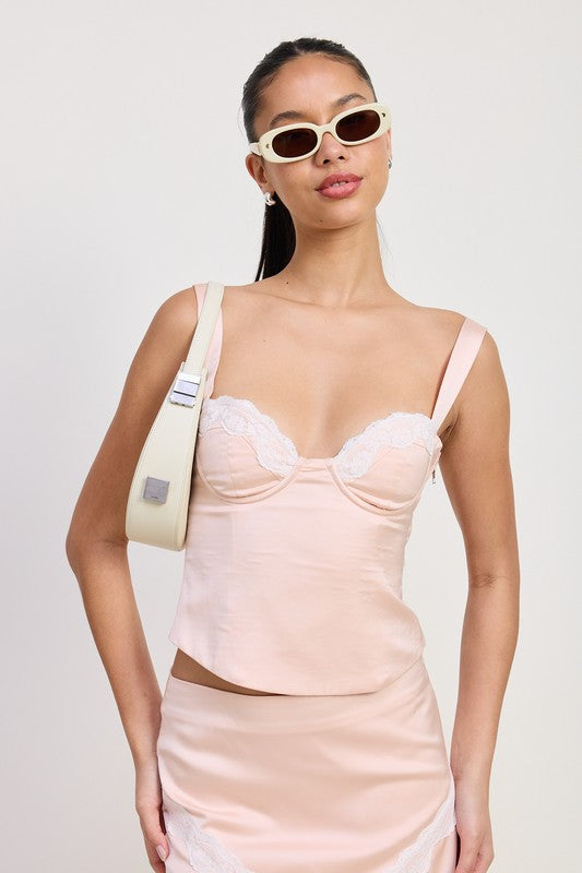 Blush Satin Bustier Top With Lace Detail