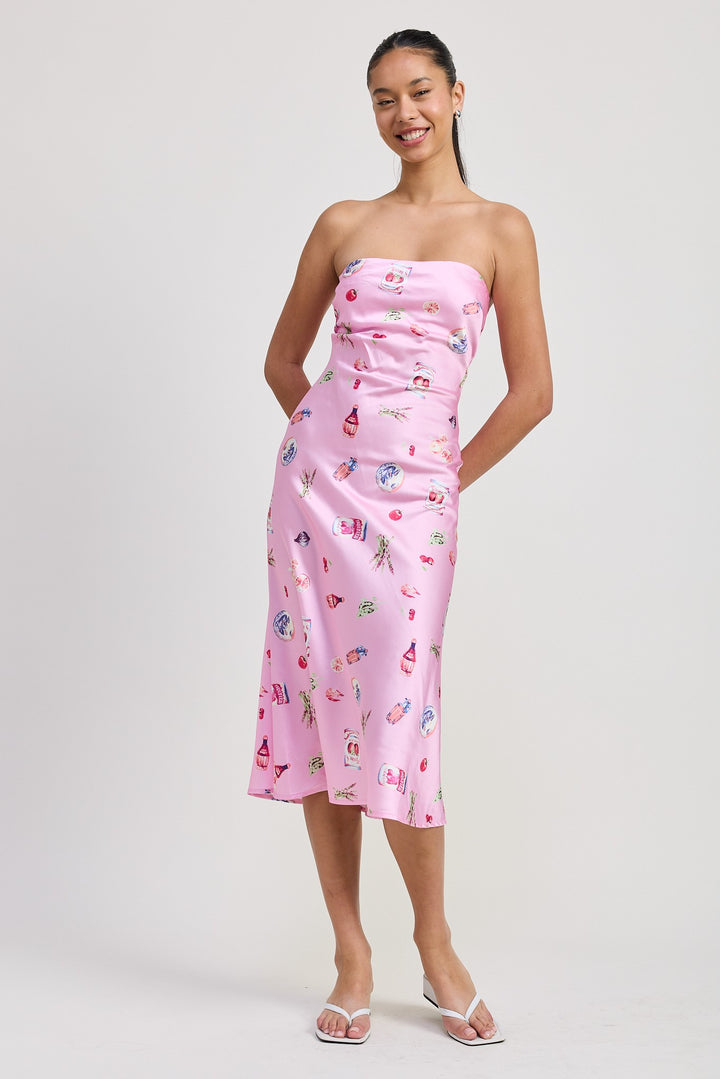 Pink Print Bias Cut Tube Midi Dress
