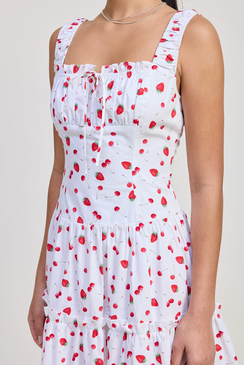 Red Fruit Print Poplin Midi A Line Dress