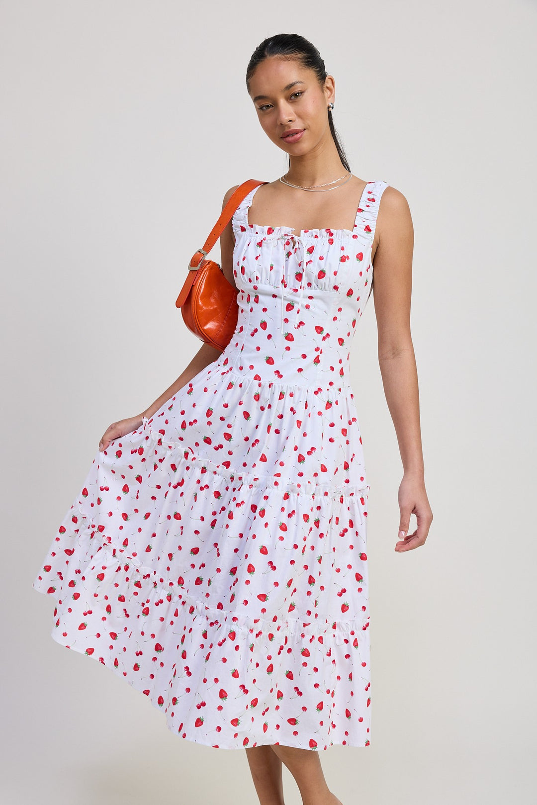Red Fruit Print Poplin Midi A Line Dress