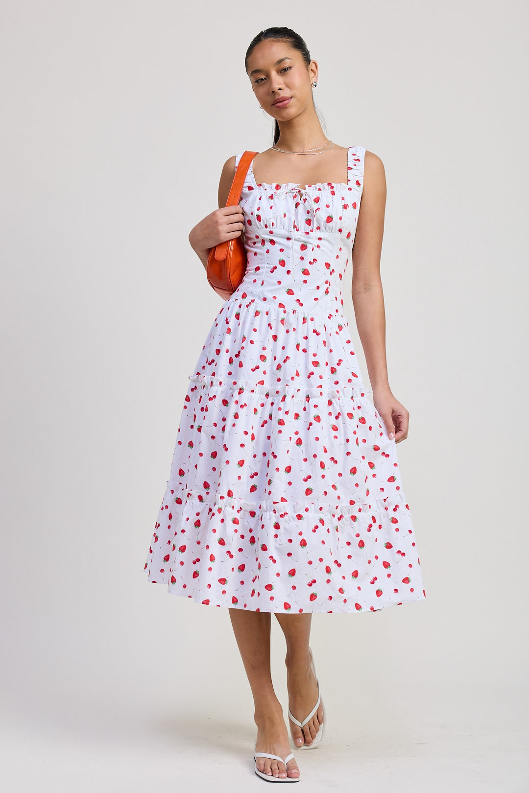Red Fruit Print Poplin Midi A Line Dress