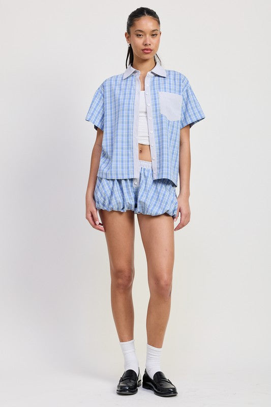 Blue Combo Bubble Hem Shorts With Elastic Waist