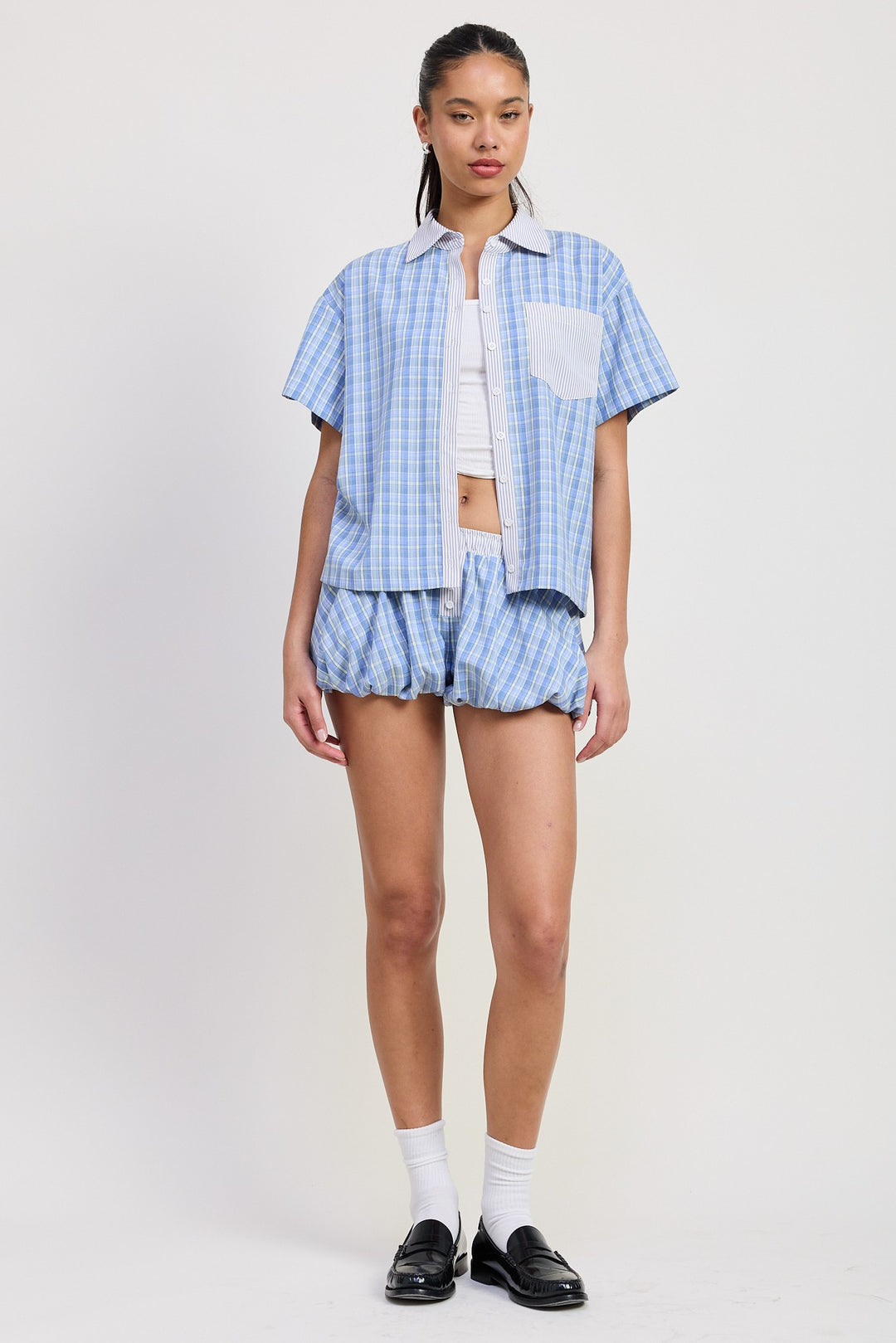 Blue Combo Bubble Hem Shorts With Elastic Waist