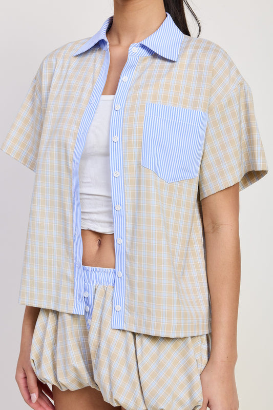 Taupe Combo Mix Media Oversized Shirt