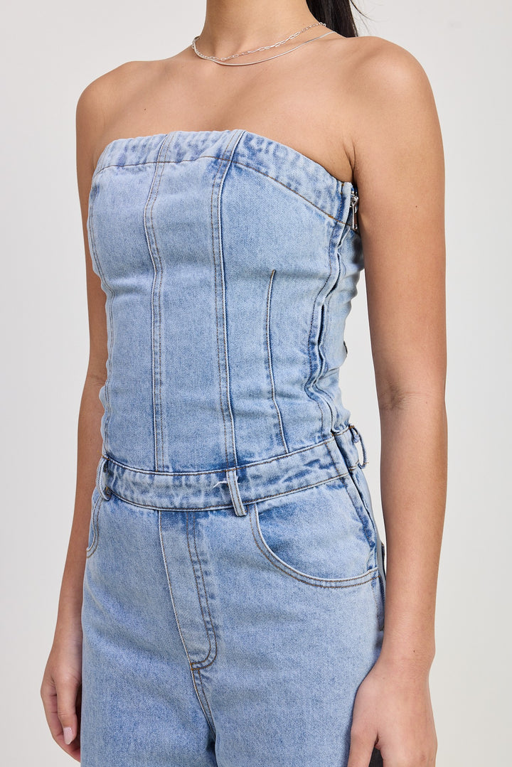 Lt Denim Strapless Denim Jumpsuit