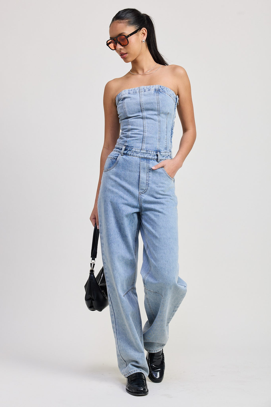 Lt Denim Strapless Denim Jumpsuit