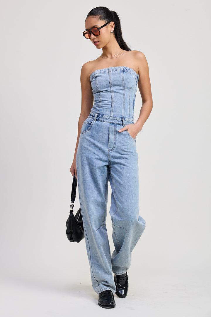 Lt Denim Strapless Denim Jumpsuit