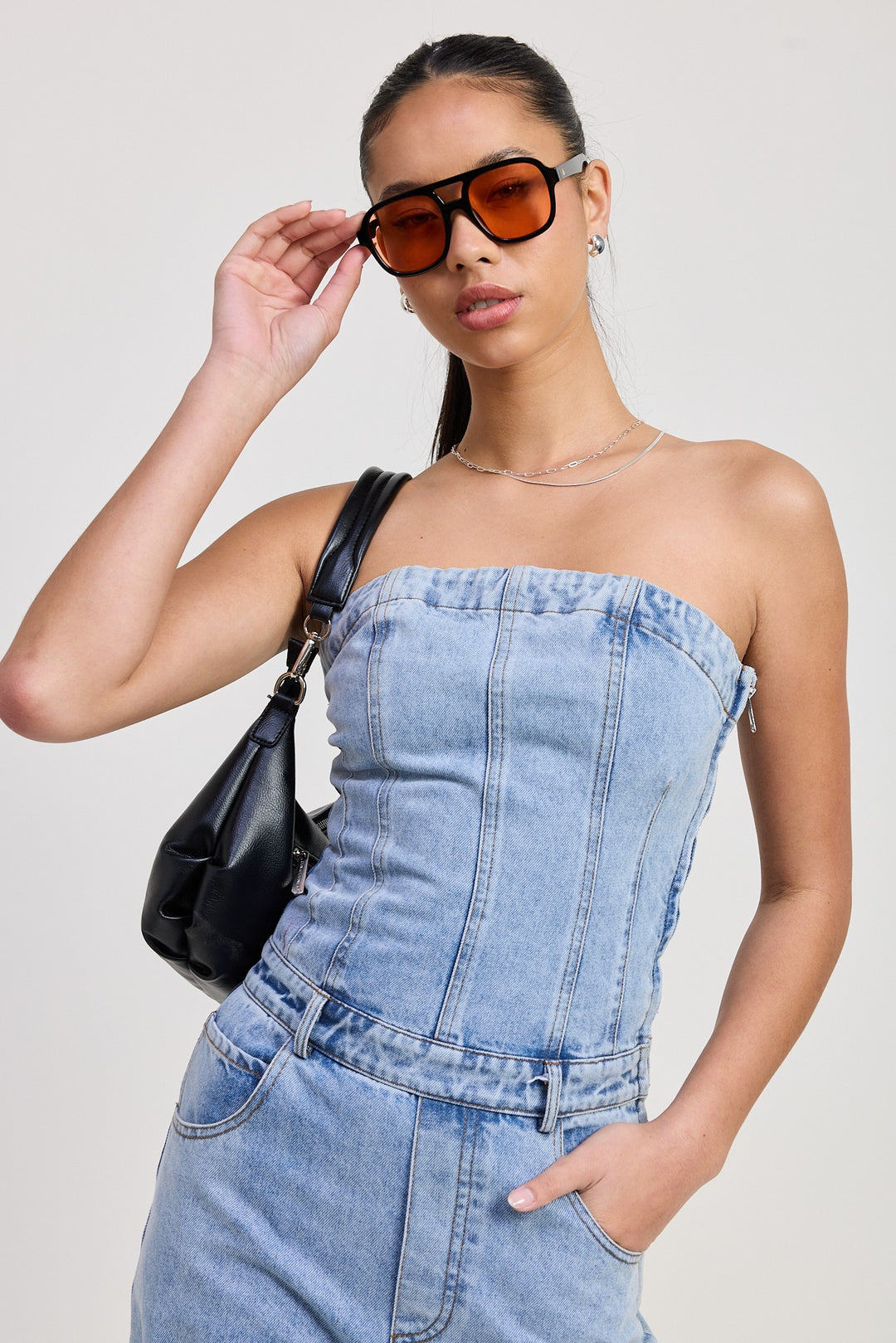 Lt Denim Strapless Denim Jumpsuit