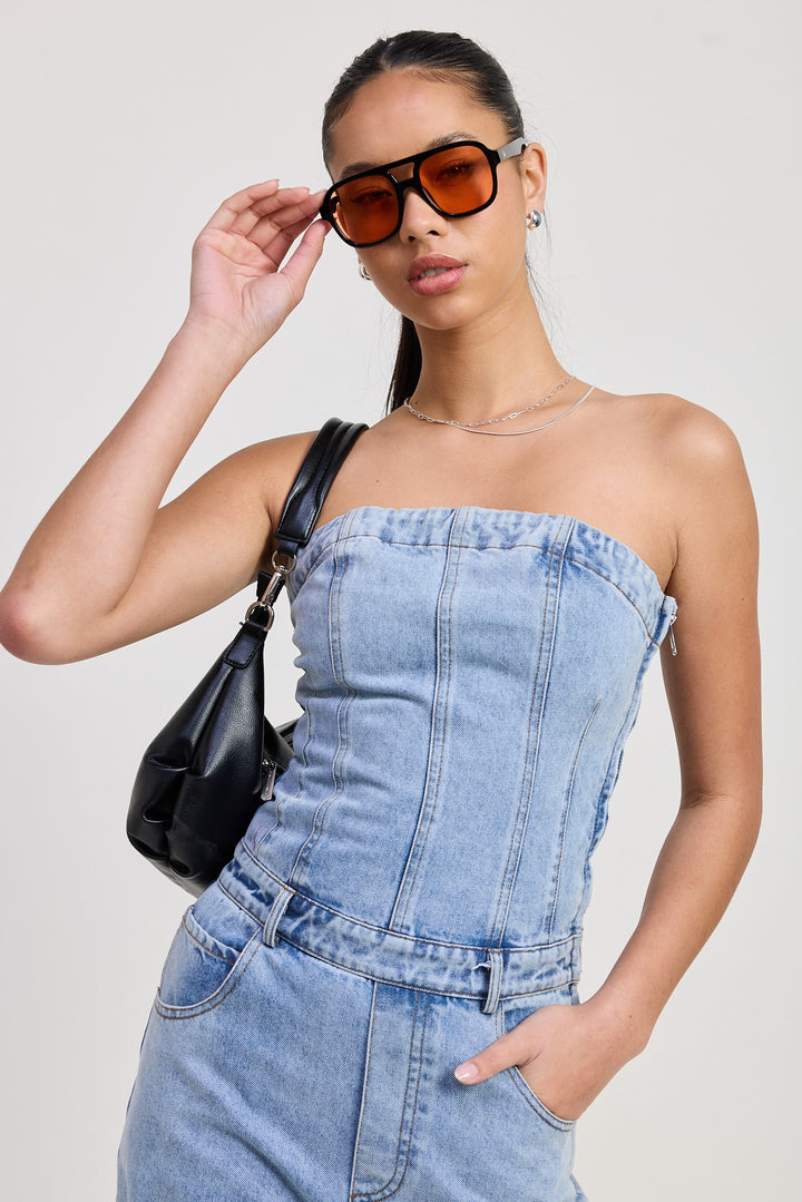 Lt Denim Strapless Denim Jumpsuit