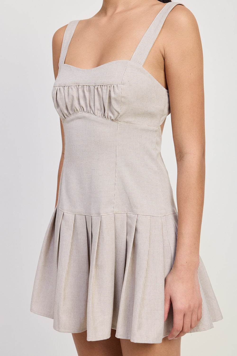 Brown Plaid Pleated Mini Dress With Back Ties