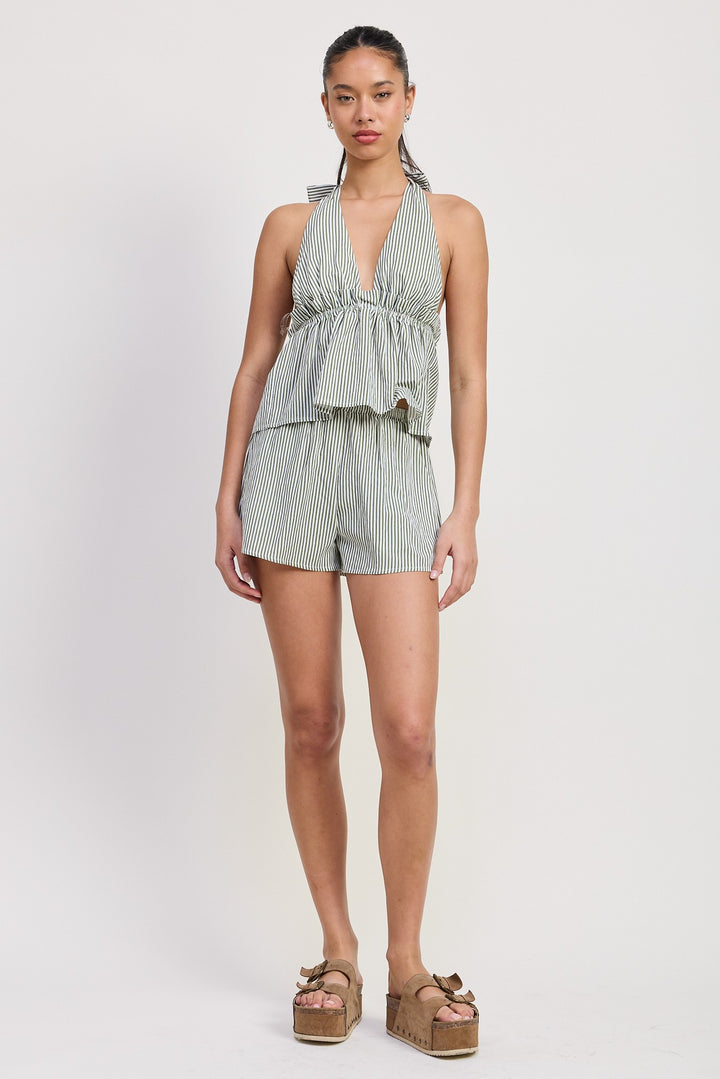 Sage Green Stripe Striped Shorts With Elastic Waistband